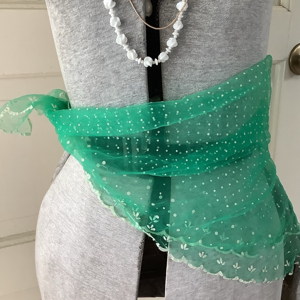 Vintage Green & White Polka Dot Scalloped Sheer Neck Head Waist Scarf